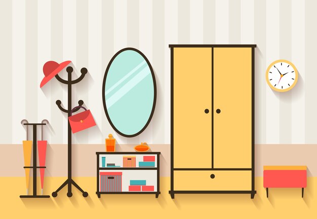 hall interior illustration. furniture and mirror, clothes hanger and apartment