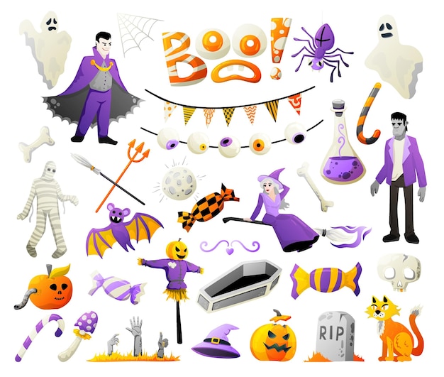 Halloween attributi simboli decorazioni impostate con lapide spaventoso ragno zucca testa pipistrello strega sfondo bianco illustrazione vettoriale