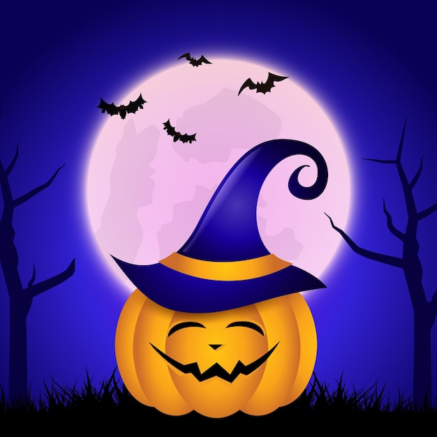 Free vector halloween background cute jack o lantern against moonlit sky