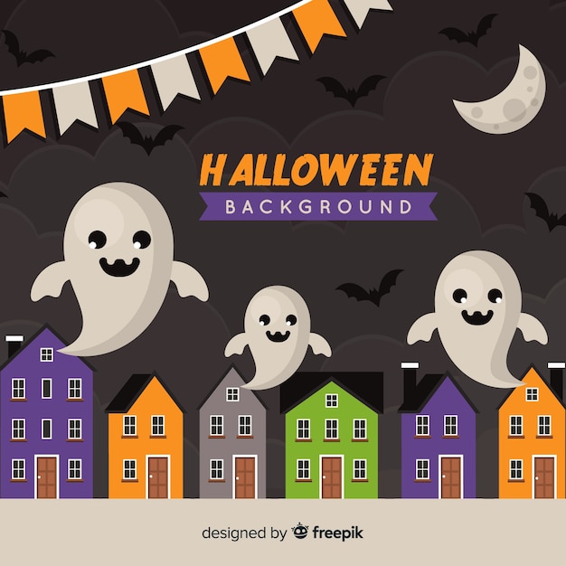 Halloween background in flat design with ghosts in the city