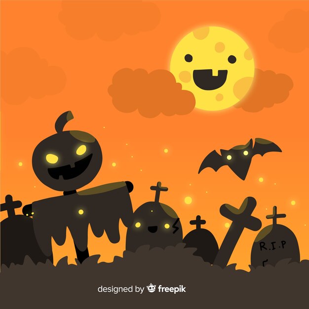 Halloween background in flat design with zombie pumpkins