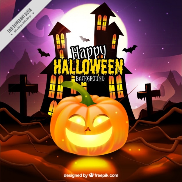 Free vector halloween background of pumpkin and haunted house