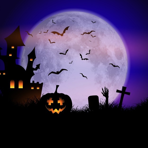 Бесплатное векторное изображение spooky фон хэллоуин с дом с привидениями и тыкв