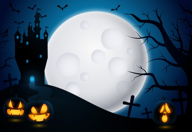 Free vector halloween background with castle and moon