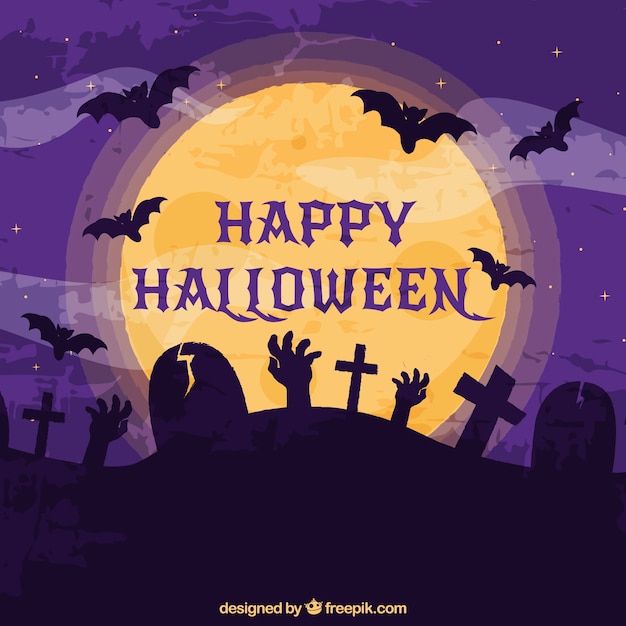 Free vector halloween background with cemetery and zombies