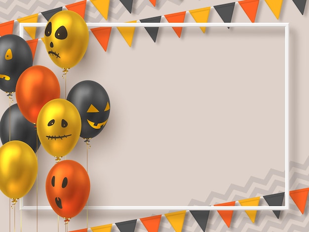 Free vector halloween background with copy space. air balloons in realistic style with monster faces and bunting flags. vector illustration.