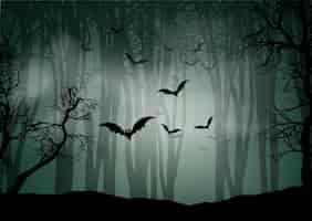 Free vector halloween background with foggy forest landscape and bats