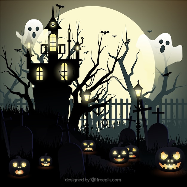 Halloween background with ghosts and haunted house