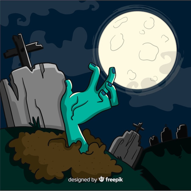 Free vector halloween background with hand coming out of earth