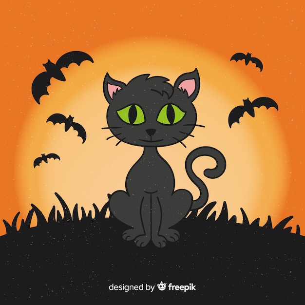 無料ベクター 手で描かれた猫とハロウィーンの背景