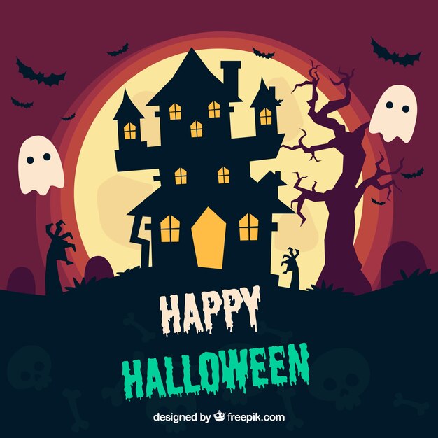 Halloween background with haunted house and ghosts