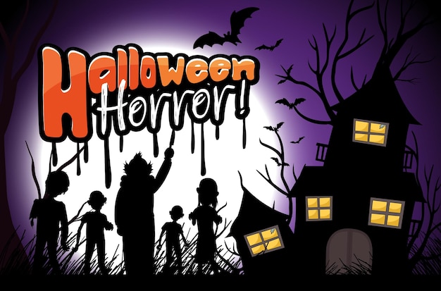 Free vector halloween background with haunted house silhouette