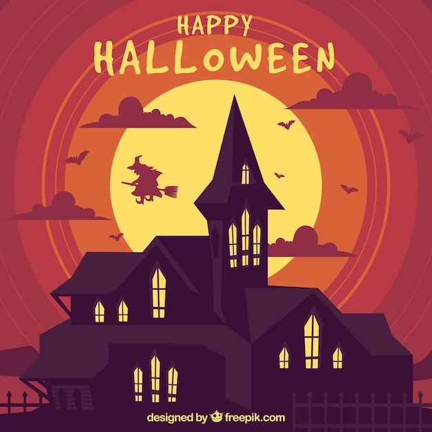Free vector halloween background with mansion and witch