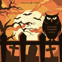 Free vector halloween background with owl and cemetery