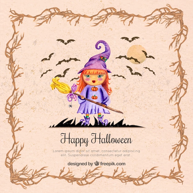 Free vector halloween background with pretty watercolor witch