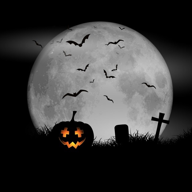 Free vector halloween background with pumpkin against a moonlit sky