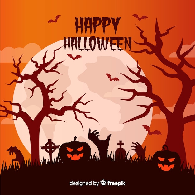 Free vector halloween background with pumpkin and cemetery