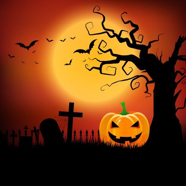 Halloween background with pumpkin and spooky tree 