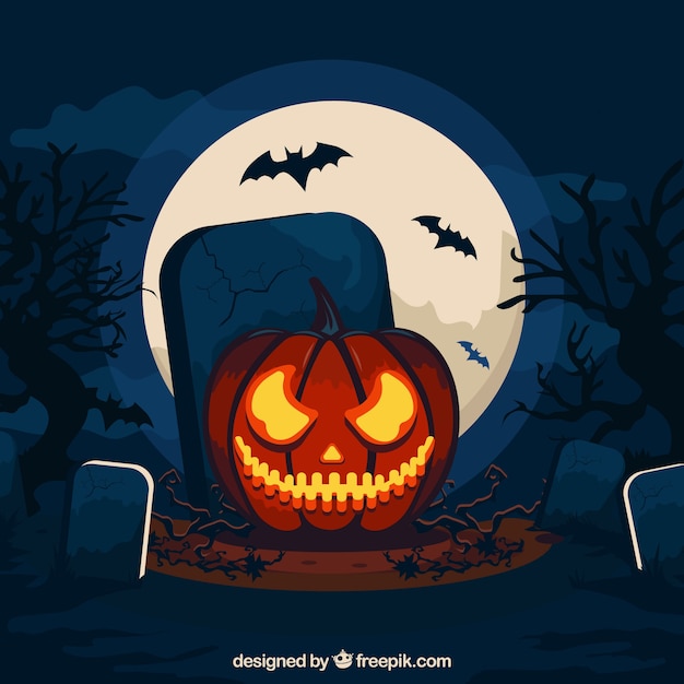 Halloween background with pumpkin and tombstones