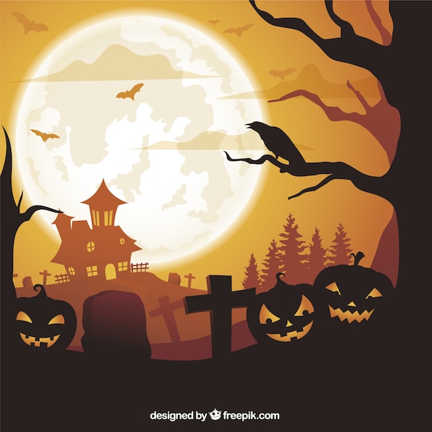 Free Vector halloween background with pumpkins and haunted house
