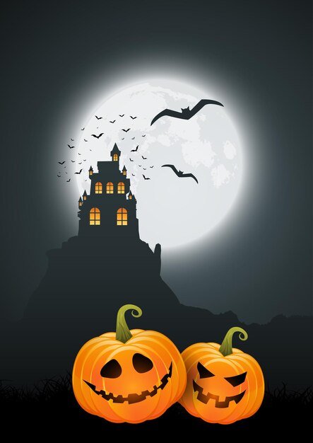 Halloween background with pumpkins and spooky castle landscape design
