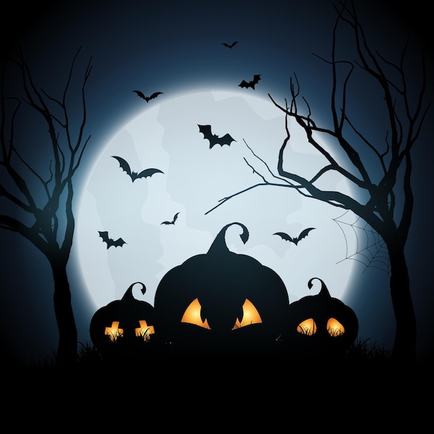 Halloween background with pumpkins in spooky landscape