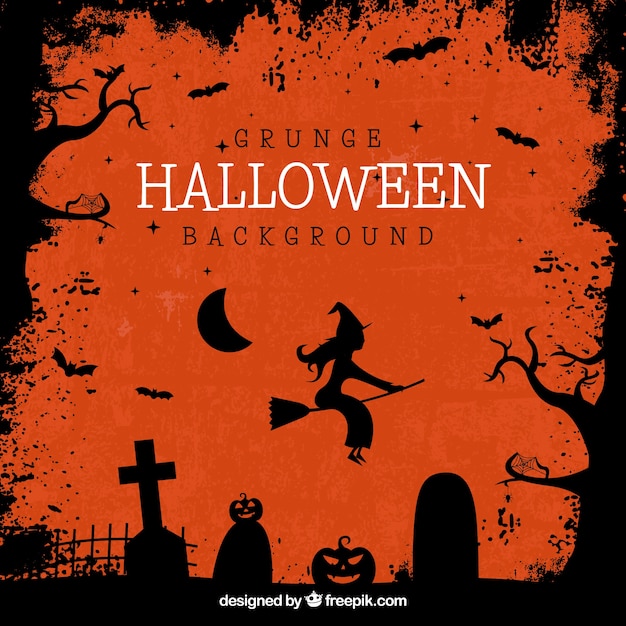 Free vector halloween background with silhouettes of tombs and witch flying