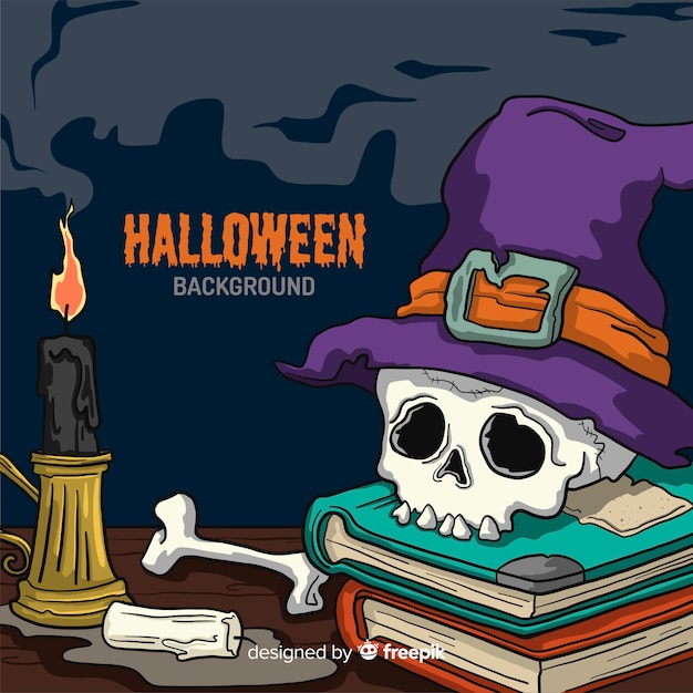 Halloween background with skull on books