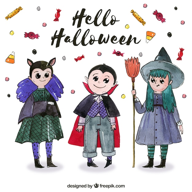 Free vector halloween background with watercolor characters