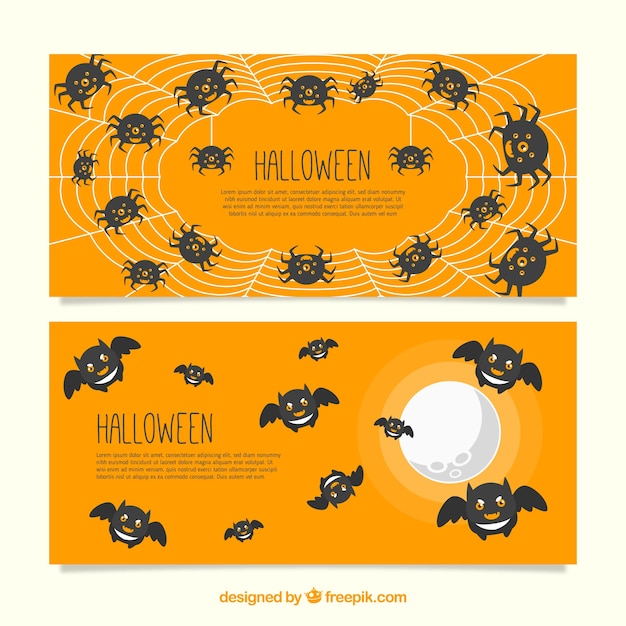 무료 벡터 박쥐와 거미 할로윈 배너