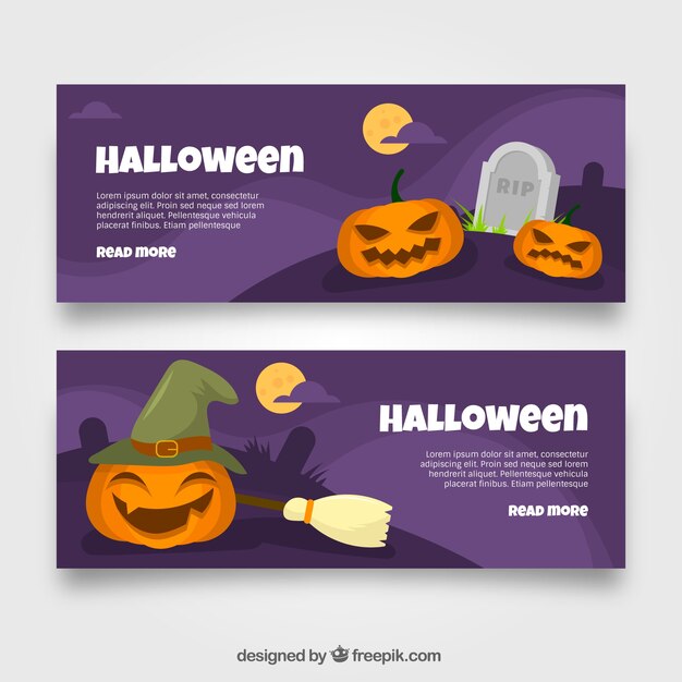 Halloween banners with cemetery and pumpkins