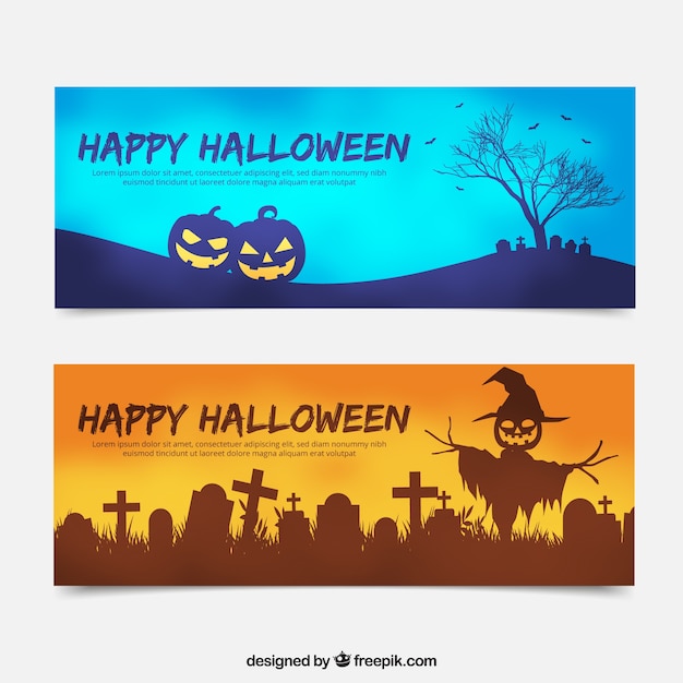 Free vector halloween banners with cemetery