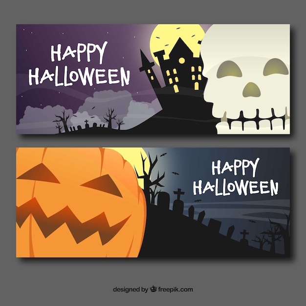 Halloween banners with skull and pumpkin
