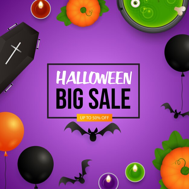 Free vector halloween big sale lettering with pumpkins and cauldron