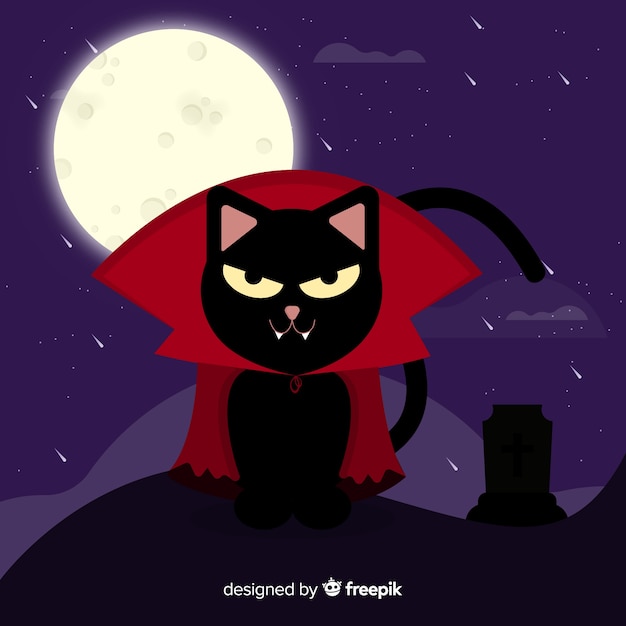 Vettore gratuito gatto nero di halloween in costume di dracula in design piatto