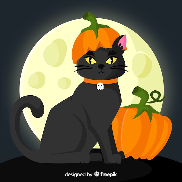 Gatto nero di halloween con design piatto