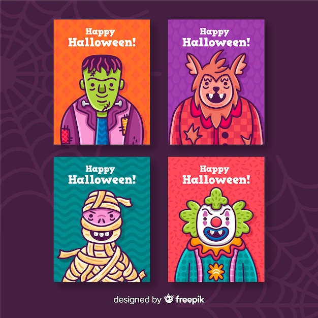 Halloween card collection on violet background with cobweb