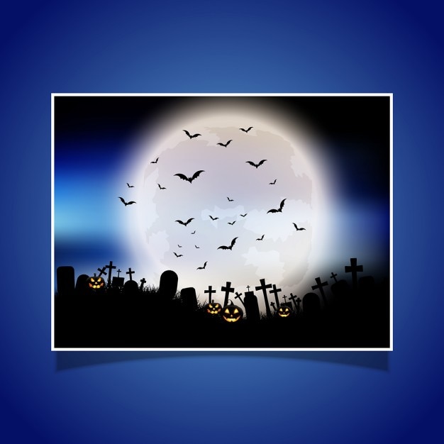 Free vector halloween card of landscape with moon and cemetery