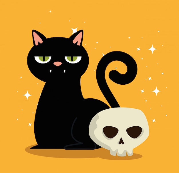 Free vector halloween card with black cat and skull