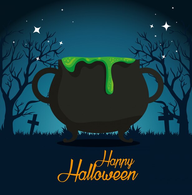 Halloween card with cauldron in cemetery