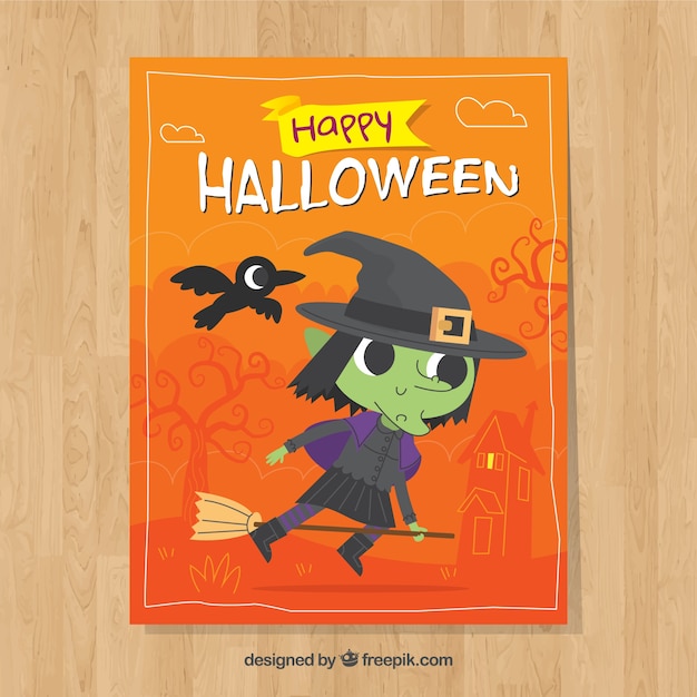 Free vector halloween card with lovely witch