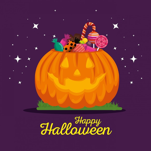 halloween card with pumpkin and candies