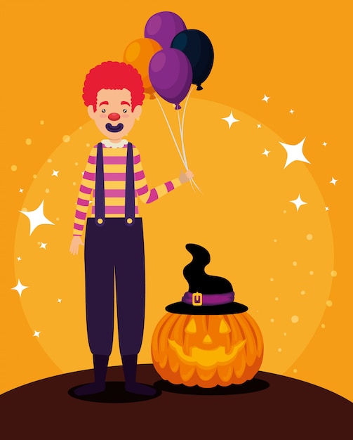 Halloween card with pumpkin and clown character