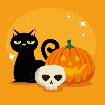 Halloween card with pumpkin and skull