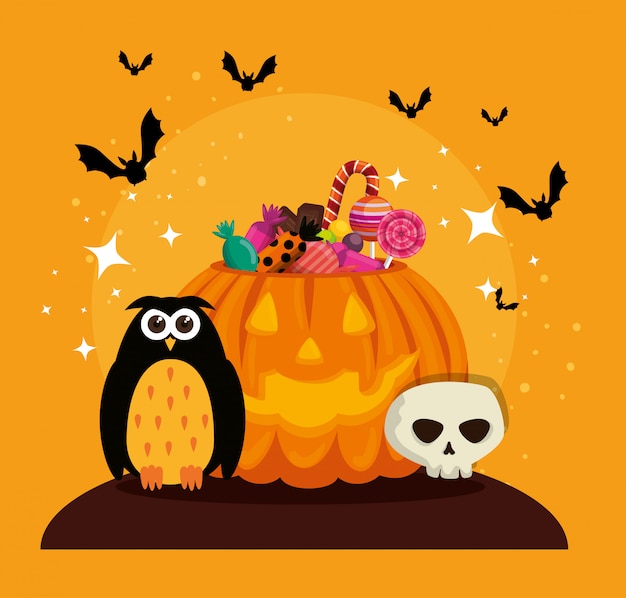 Halloween card with pumpkin and skull