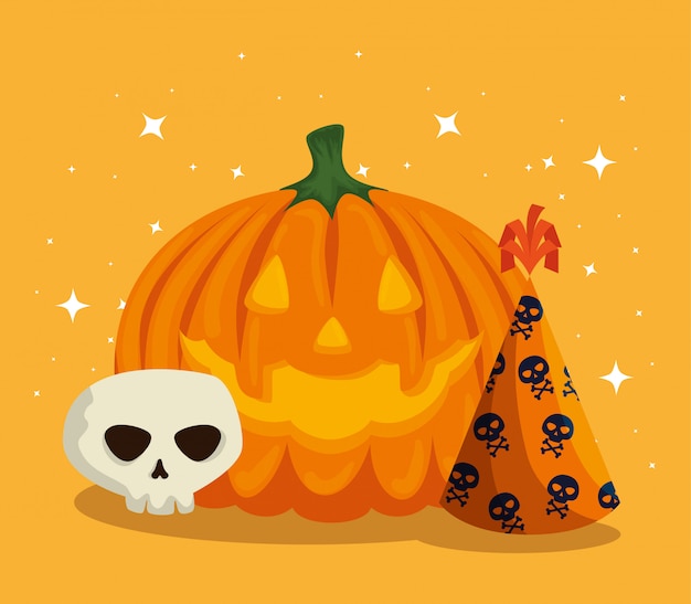 Halloween card with pumpkin and skull