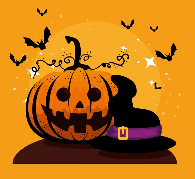 Carta di halloween con cappello di zucca e strega