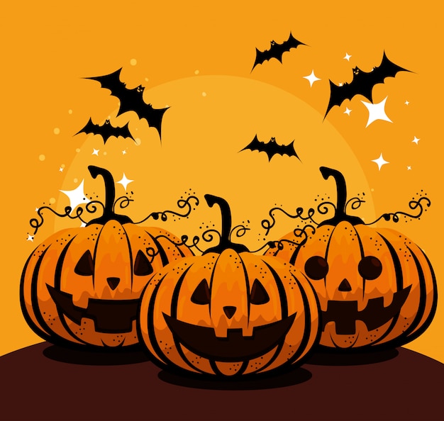 Halloween card with pumpkins and bats flying