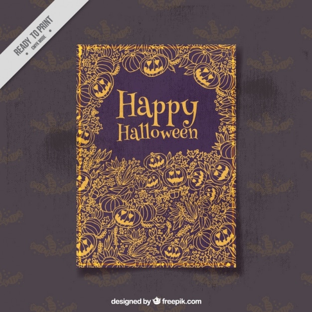 Free vector halloween card with pumpkins and vegetation