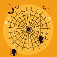 Free vector halloween card with spider web and bats flying